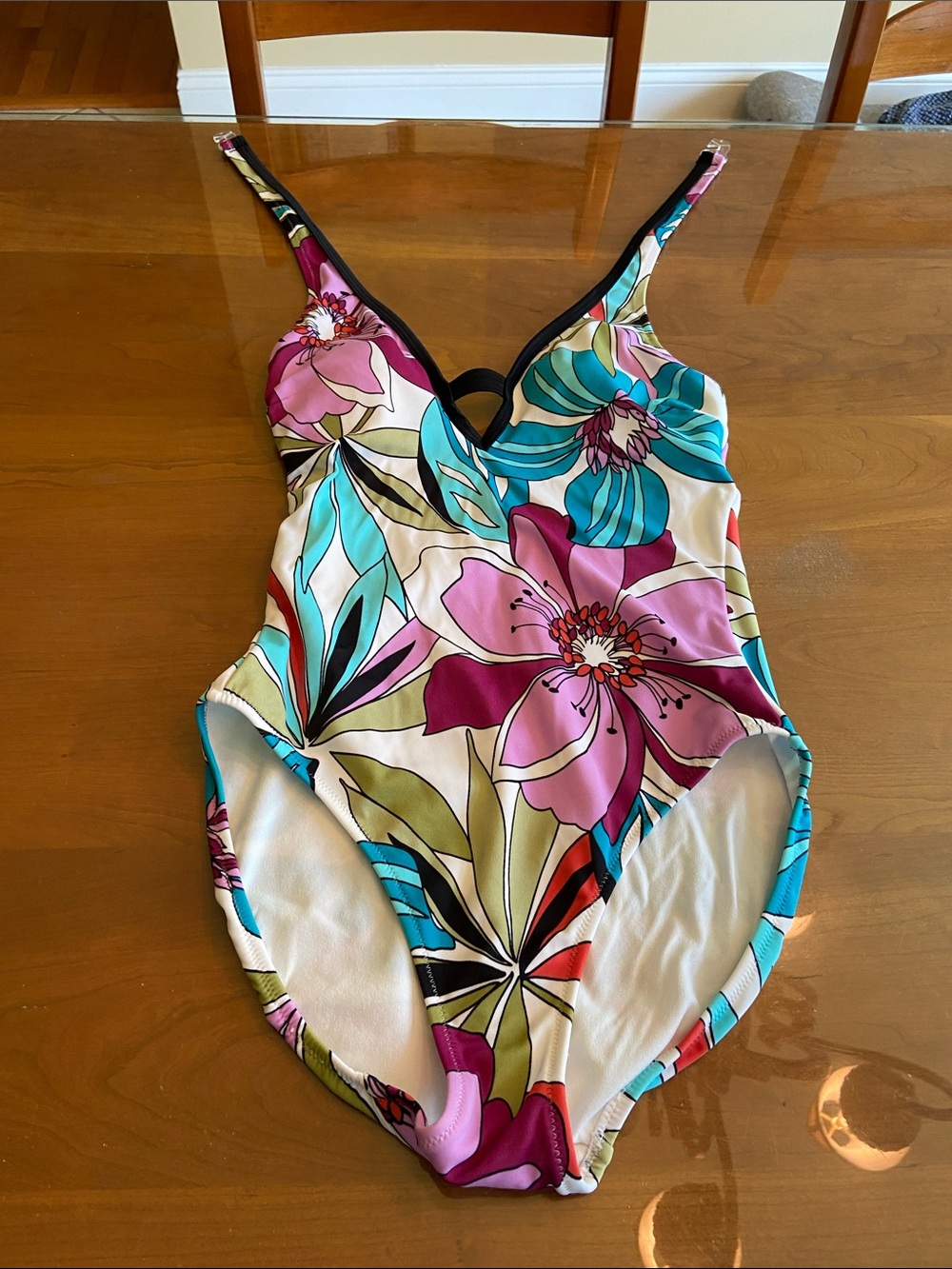 Women’s Bright One  Piece Halter Swimsuit with Black Trim. High Cut Leg. Size 8